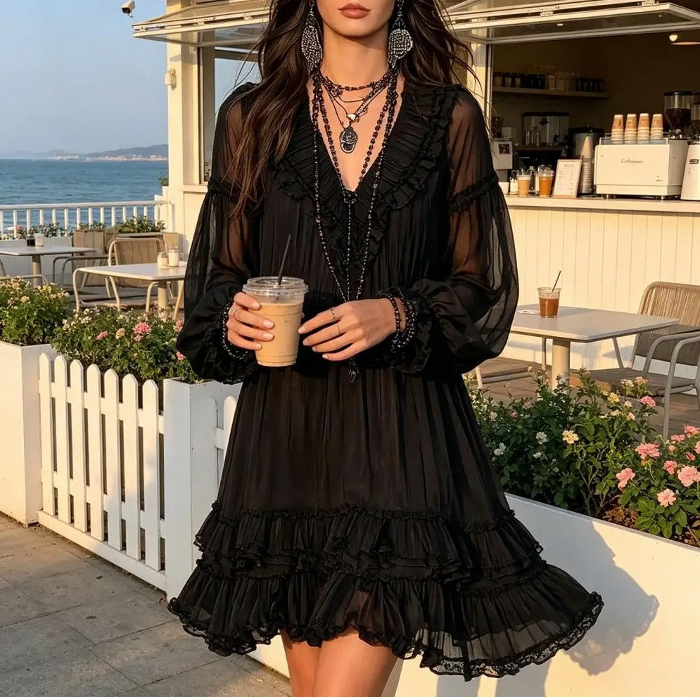 Chiffon Long Puff Sleeve Mini Dress