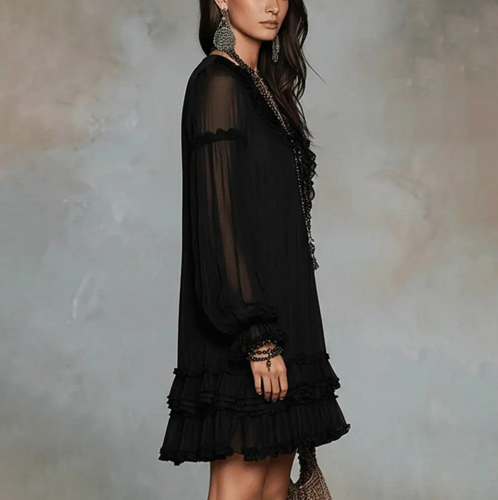 Chiffon Long Puff Sleeve Mini Dress