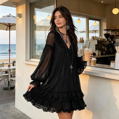 Chiffon Long Puff Sleeve Mini Dress