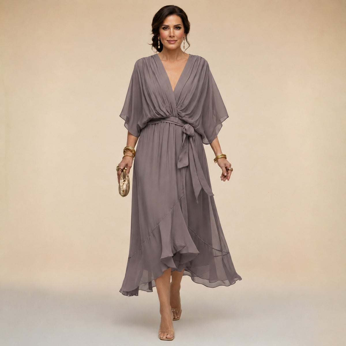 Chiffon Short Sleeve Midi Dress