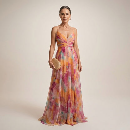 Chiffon Watercolor Floral Sweetheart Maxi Dress