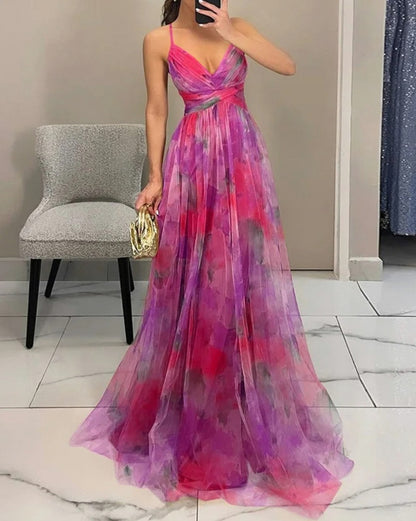 Chiffon Watercolor Floral Sweetheart Maxi Dress