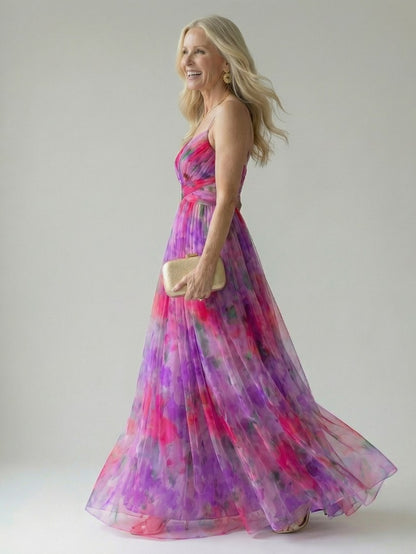 Chiffon Watercolor Floral Sweetheart Maxi Dress