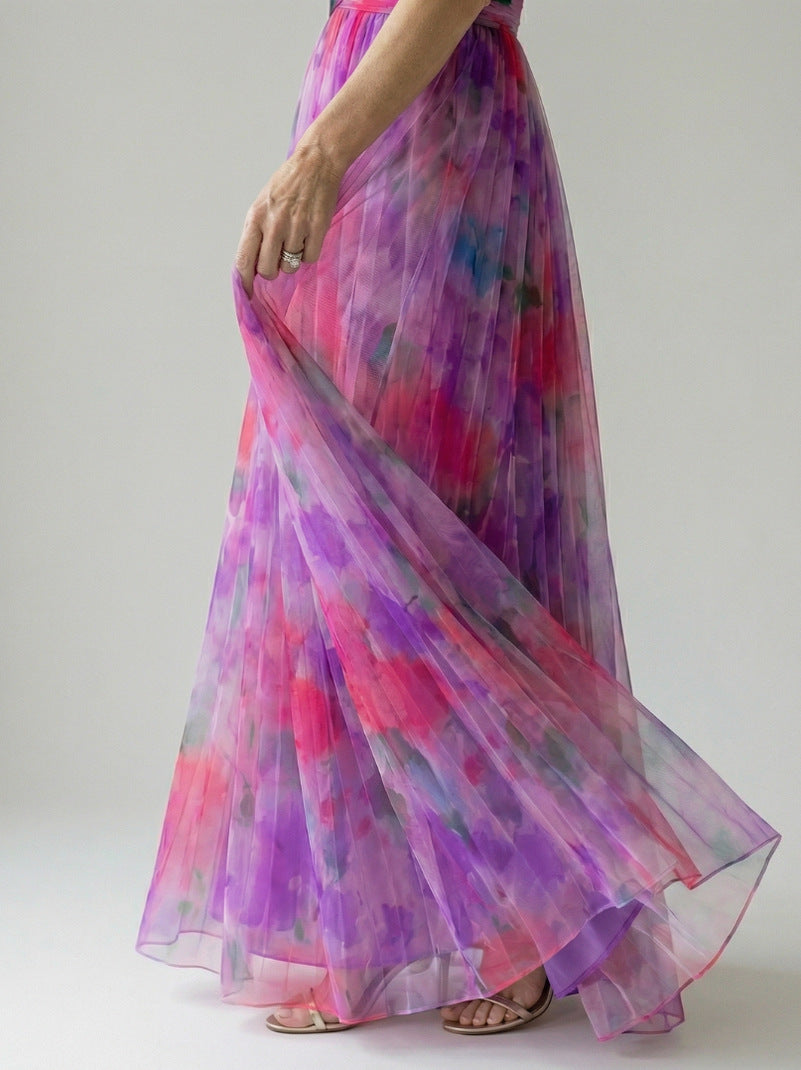 Chiffon Watercolor Floral Sweetheart Maxi Dress