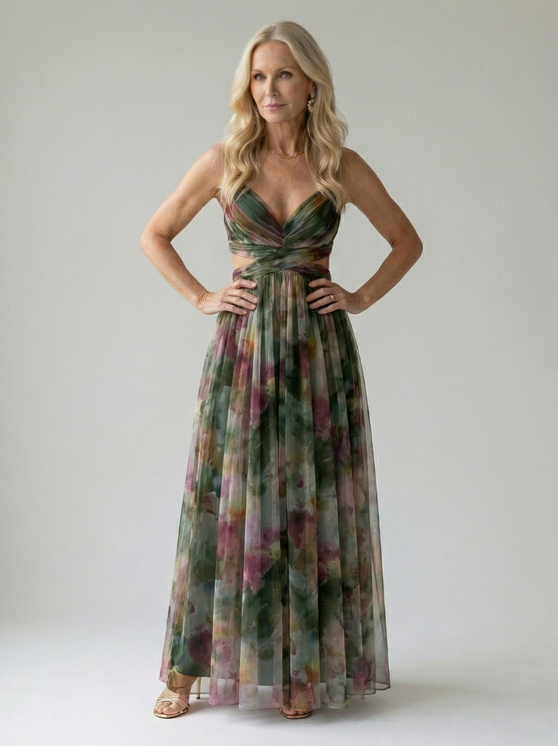 Chiffon Watercolor Floral Sweetheart Maxi Dress