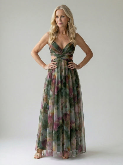 Chiffon Watercolor Floral Sweetheart Maxi Dress
