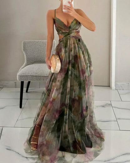 Chiffon Watercolor Floral Sweetheart Maxi Dress