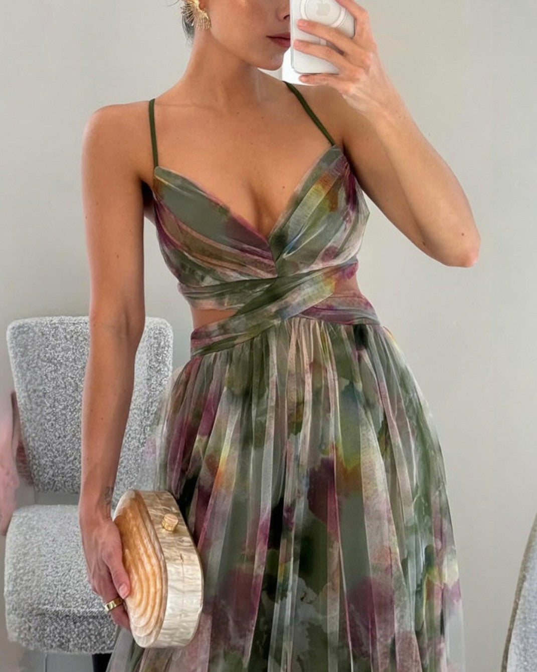 Chiffon Watercolor Floral Sweetheart Maxi Dress