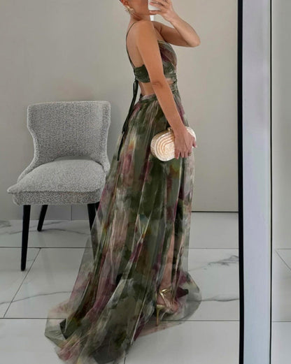 Chiffon Watercolor Floral Sweetheart Maxi Dress