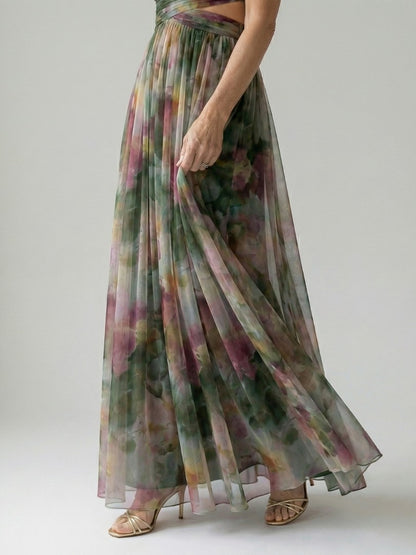 Chiffon Watercolor Floral Sweetheart Maxi Dress