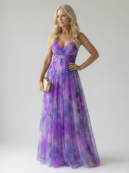 Chiffon Watercolor Floral Sweetheart Maxi Dress