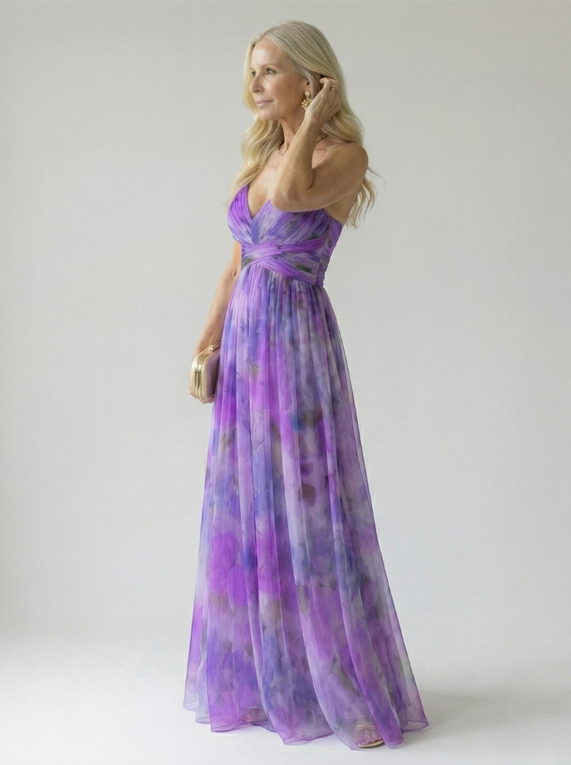 Chiffon Watercolor Floral Sweetheart Maxi Dress