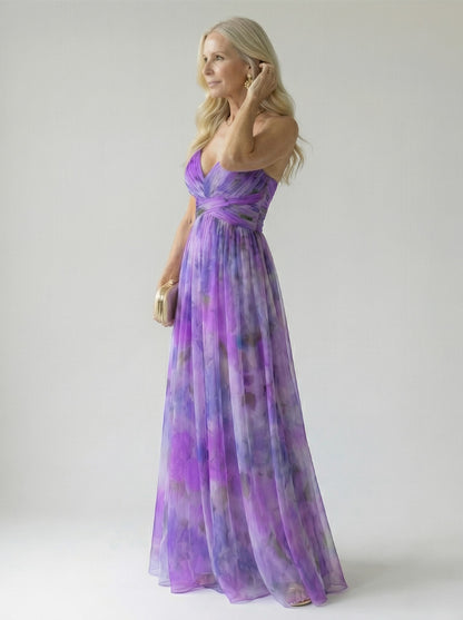 Chiffon Watercolor Floral Sweetheart Maxi Dress