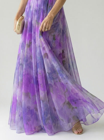 Chiffon Watercolor Floral Sweetheart Maxi Dress