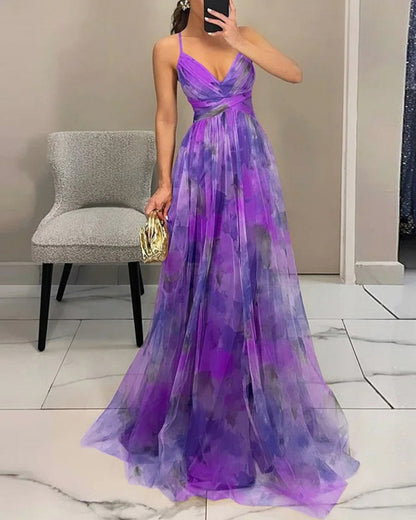 Chiffon Watercolor Floral Sweetheart Maxi Dress