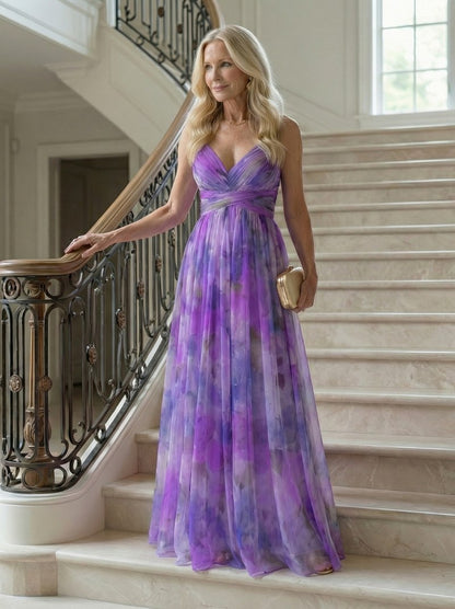 Chiffon Watercolor Floral Sweetheart Maxi Dress