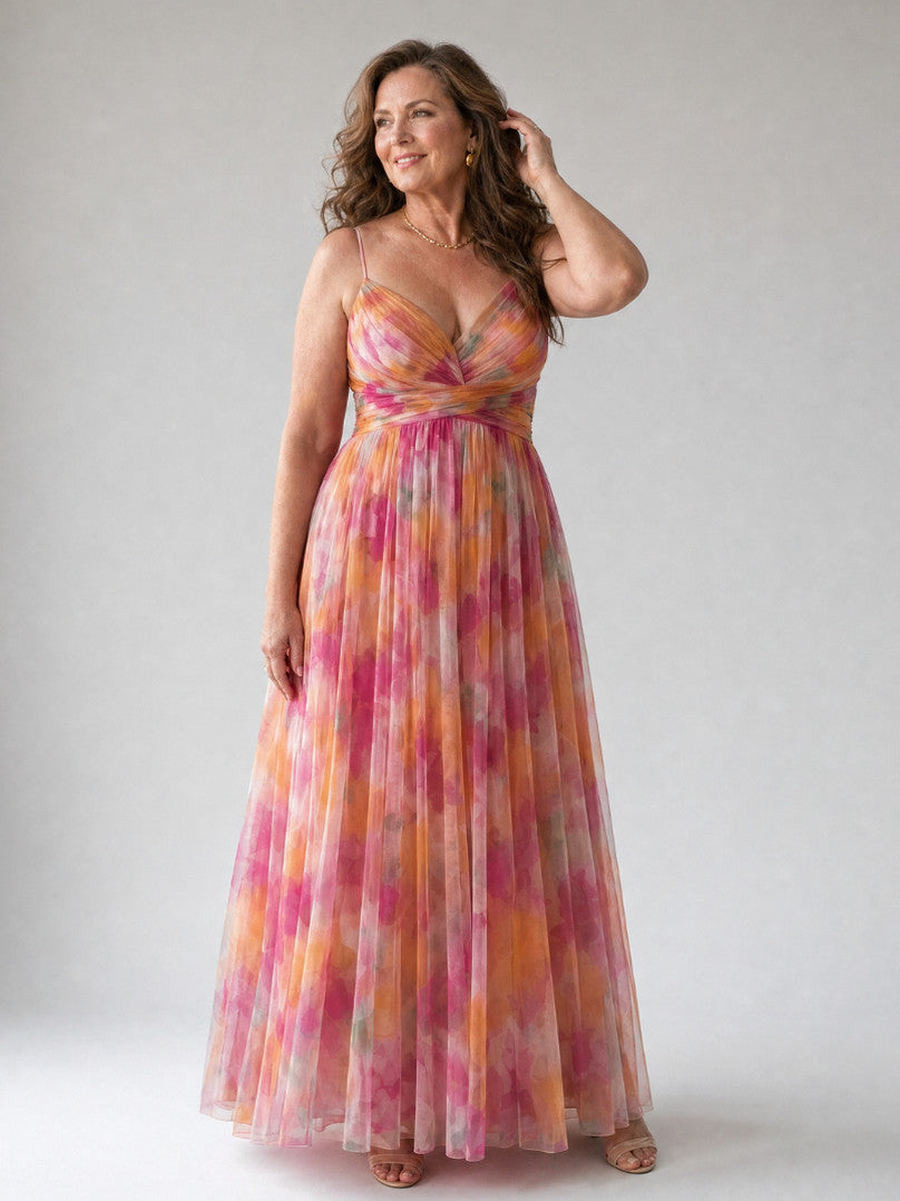 Chiffon Watercolor Floral Sweetheart Maxi Dress