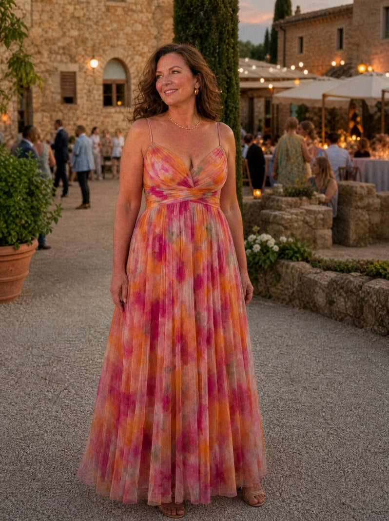 Chiffon Watercolor Floral Sweetheart Maxi Dress