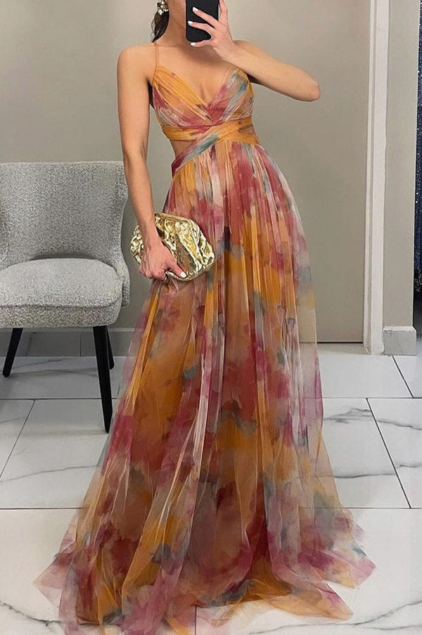 Chiffon Watercolor Floral Sweetheart Maxi Dress