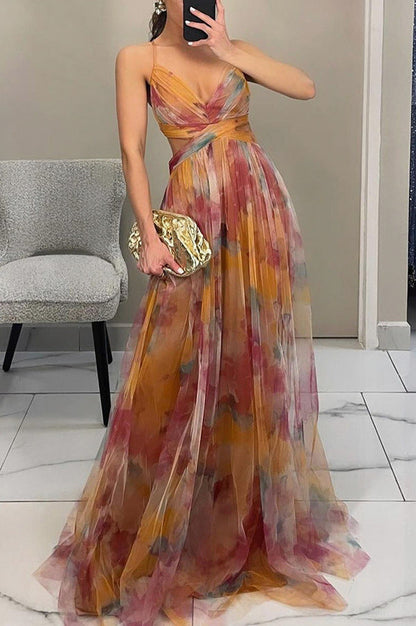 Chiffon Watercolor Floral Sweetheart Maxi Dress