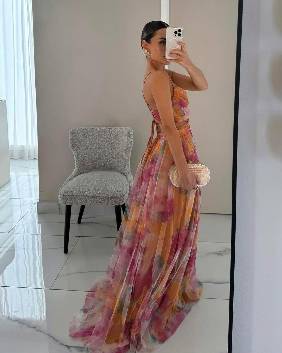 Chiffon Watercolor Floral Sweetheart Maxi Dress