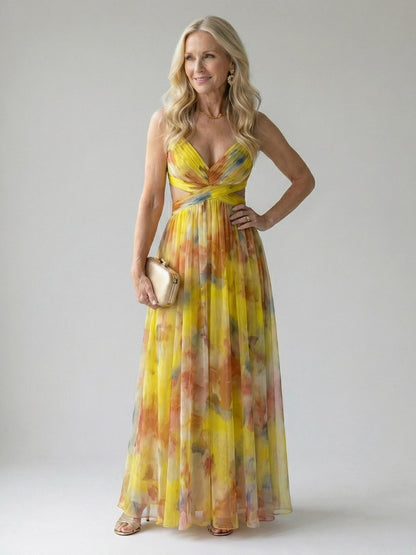Chiffon Watercolor Floral Sweetheart Maxi Dress