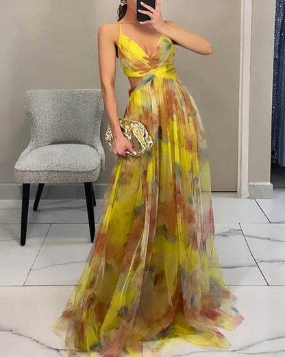 Chiffon Watercolor Floral Sweetheart Maxi Dress