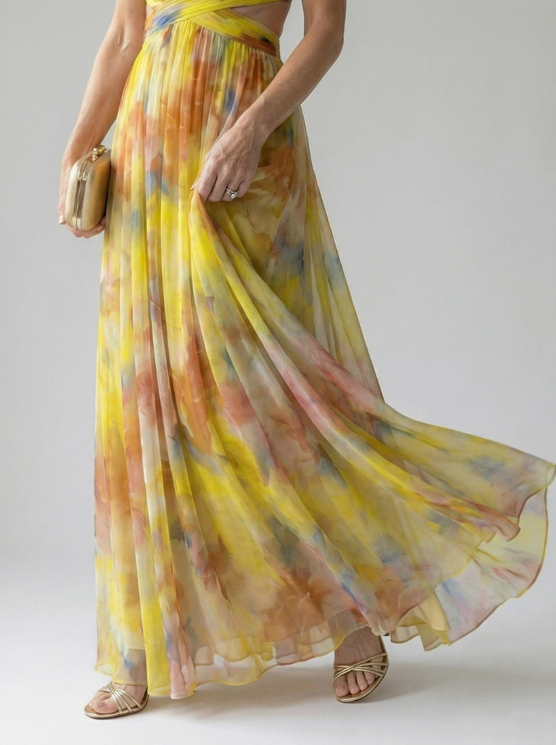 Chiffon Watercolor Floral Sweetheart Maxi Dress