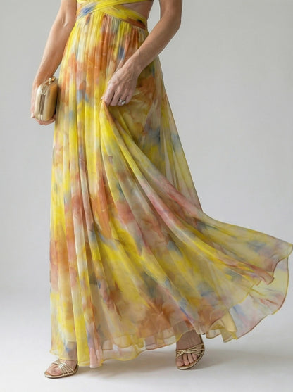 Chiffon Watercolor Floral Sweetheart Maxi Dress