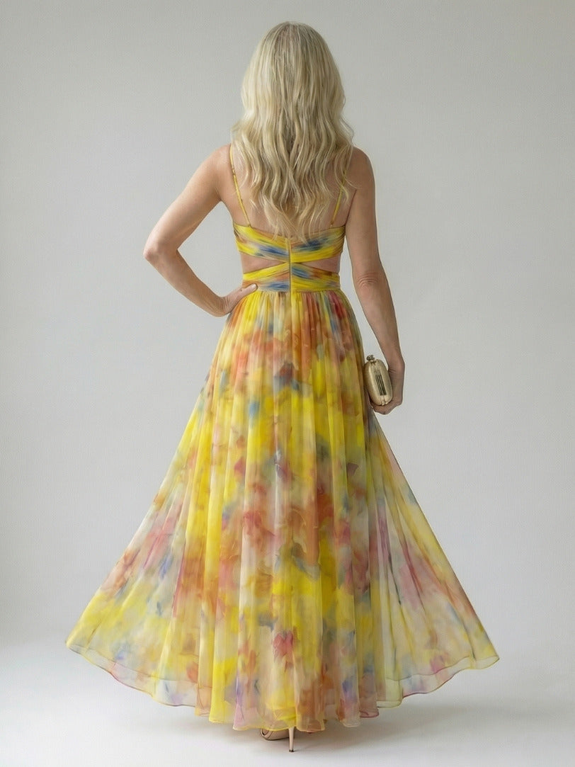 Chiffon Watercolor Floral Sweetheart Maxi Dress