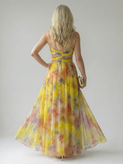 Chiffon Watercolor Floral Sweetheart Maxi Dress