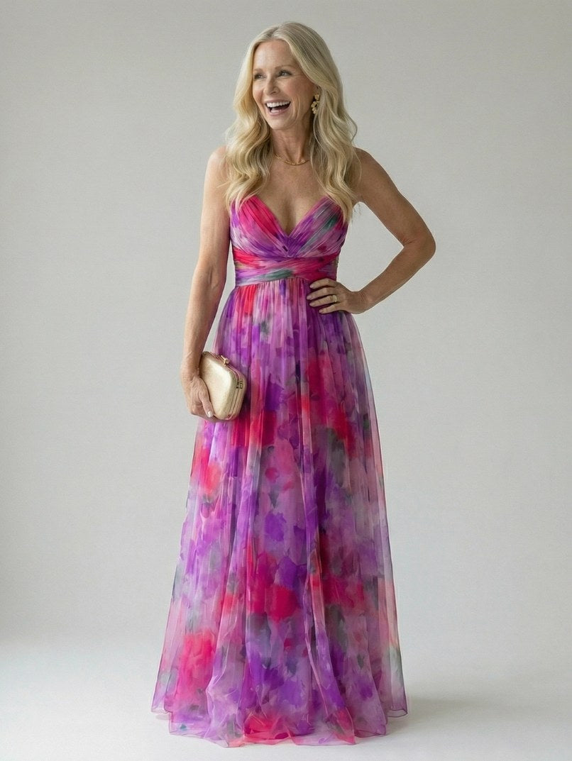 Chiffon Watercolor Floral Sweetheart Maxi Dress