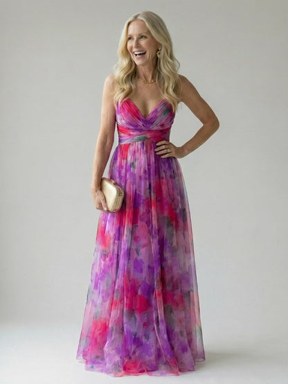 Chiffon Watercolor Floral Sweetheart Maxi Dress