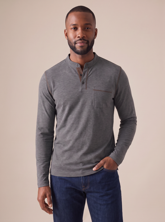 Cole Long Sleeve Henley in Charcoal, three quarter view