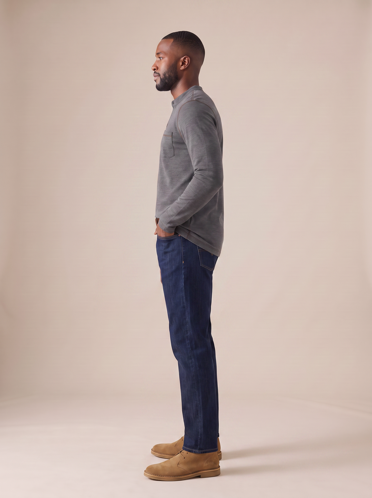 Cole Long Sleeve Henley in Charcoal, side view