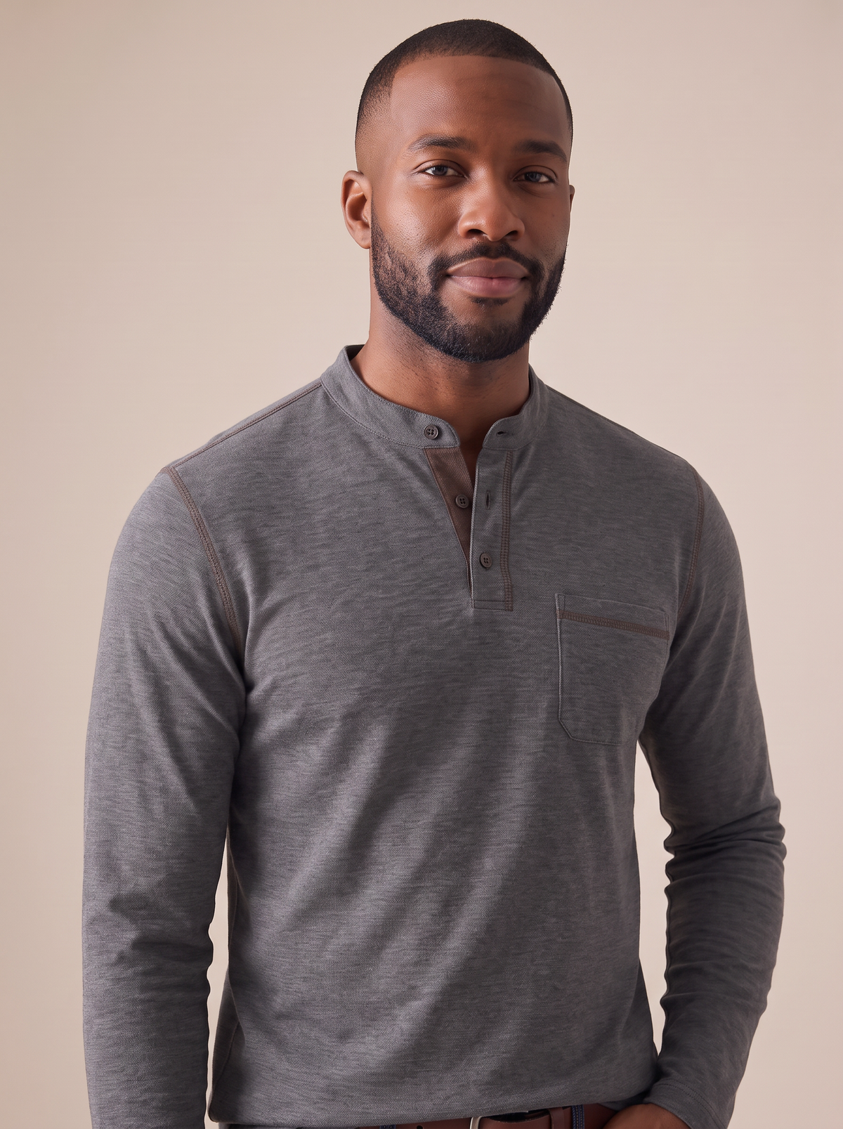 Cole Long Sleeve Henley in Charcoal, detail view