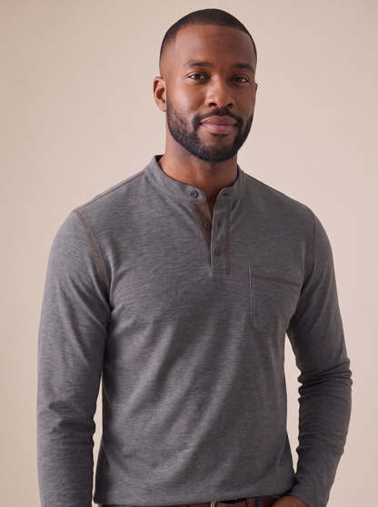 Cole Long Sleeve Henley in Charcoal, detail view