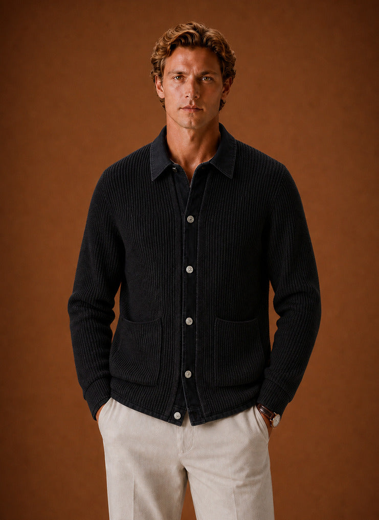 Contrast Collar Button Front Knit Cardigan