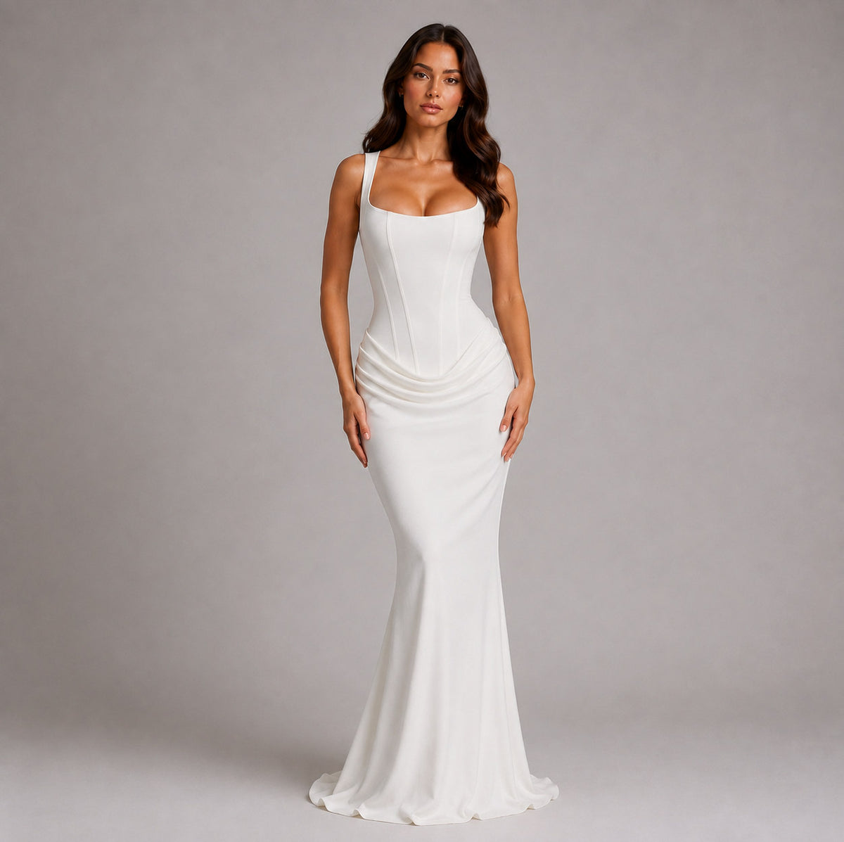 Corset Square Neck Draped Pleated Drop Waist Maxi Dress
