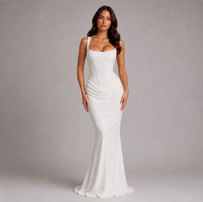 Corset Square Neck Draped Pleated Drop Waist Maxi Dress