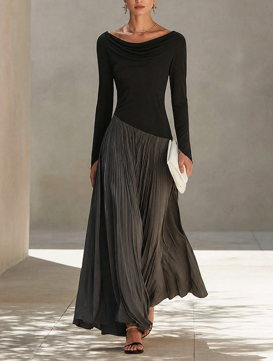 Long Sleeve Cowl Neck Pleated Maxi Dress