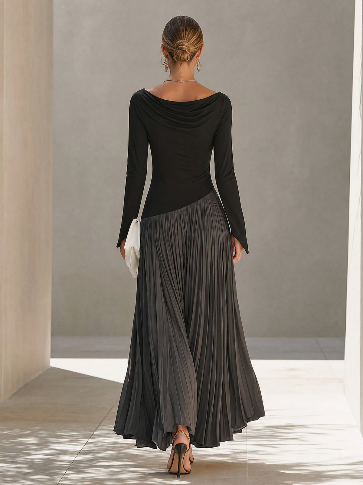 Long Sleeve Cowl Neck Pleated Maxi Dress