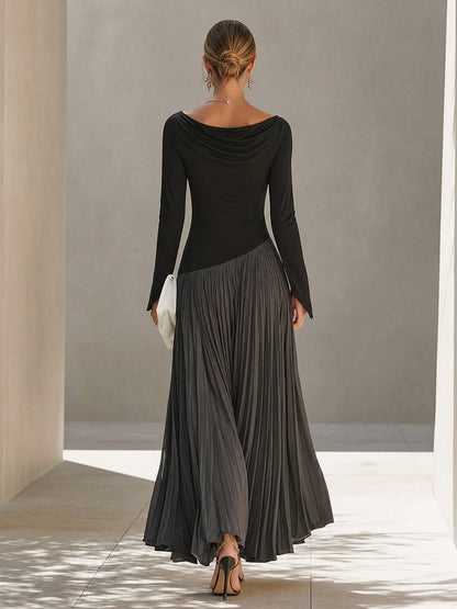 Long Sleeve Cowl Neck Pleated Maxi Dress
