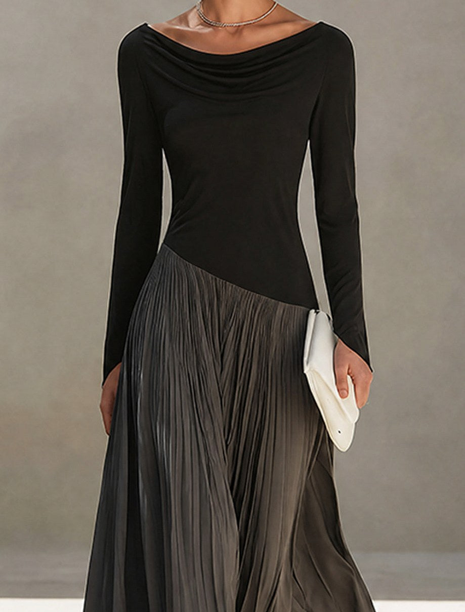 Long Sleeve Cowl Neck Pleated Maxi Dress