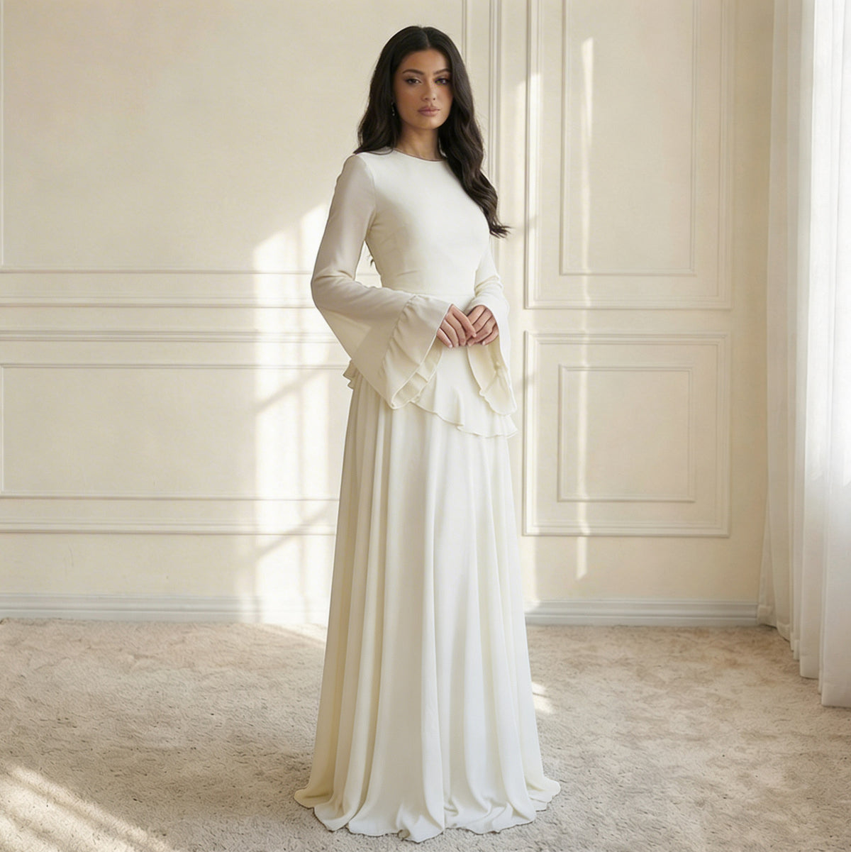Crepe Long Sleeve Flounce Maxi Dress