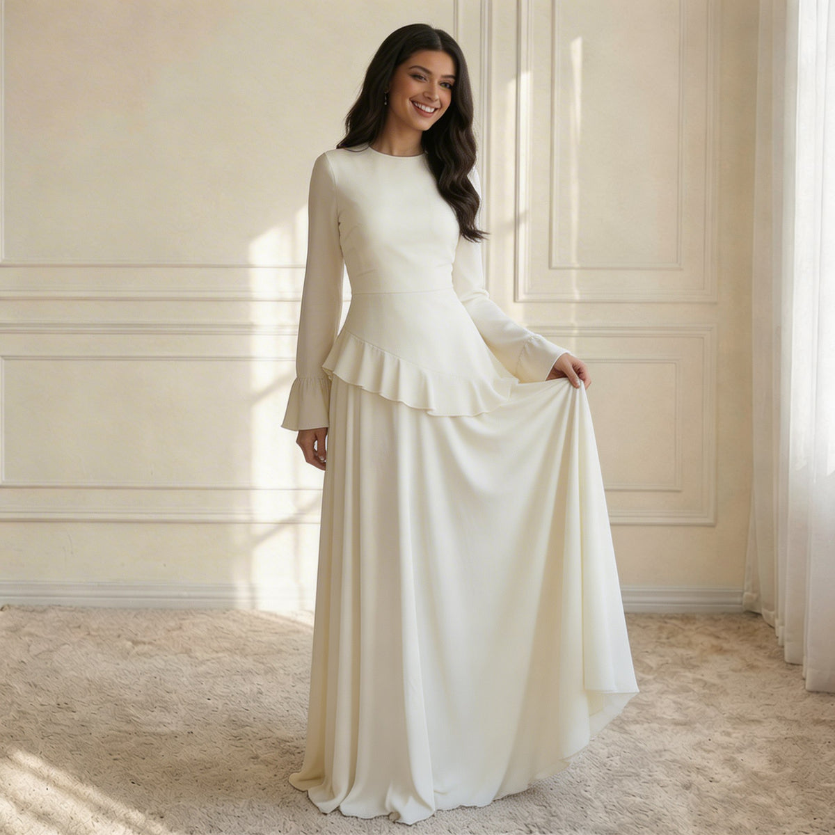 Crepe Long Sleeve Flounce Maxi Dress