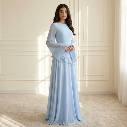 Crepe Long Sleeve Flounce Maxi Dress