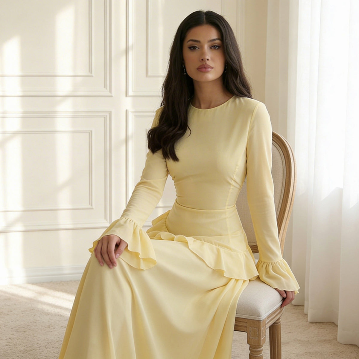 Crepe Long Sleeve Flounce Maxi Dress