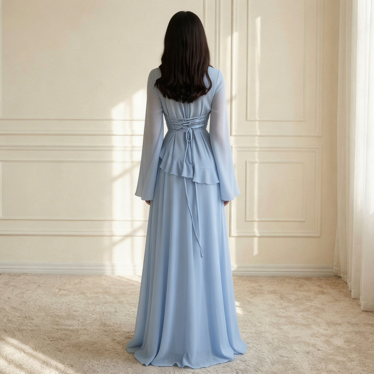 Crepe Long Sleeve Flounce Maxi Dress