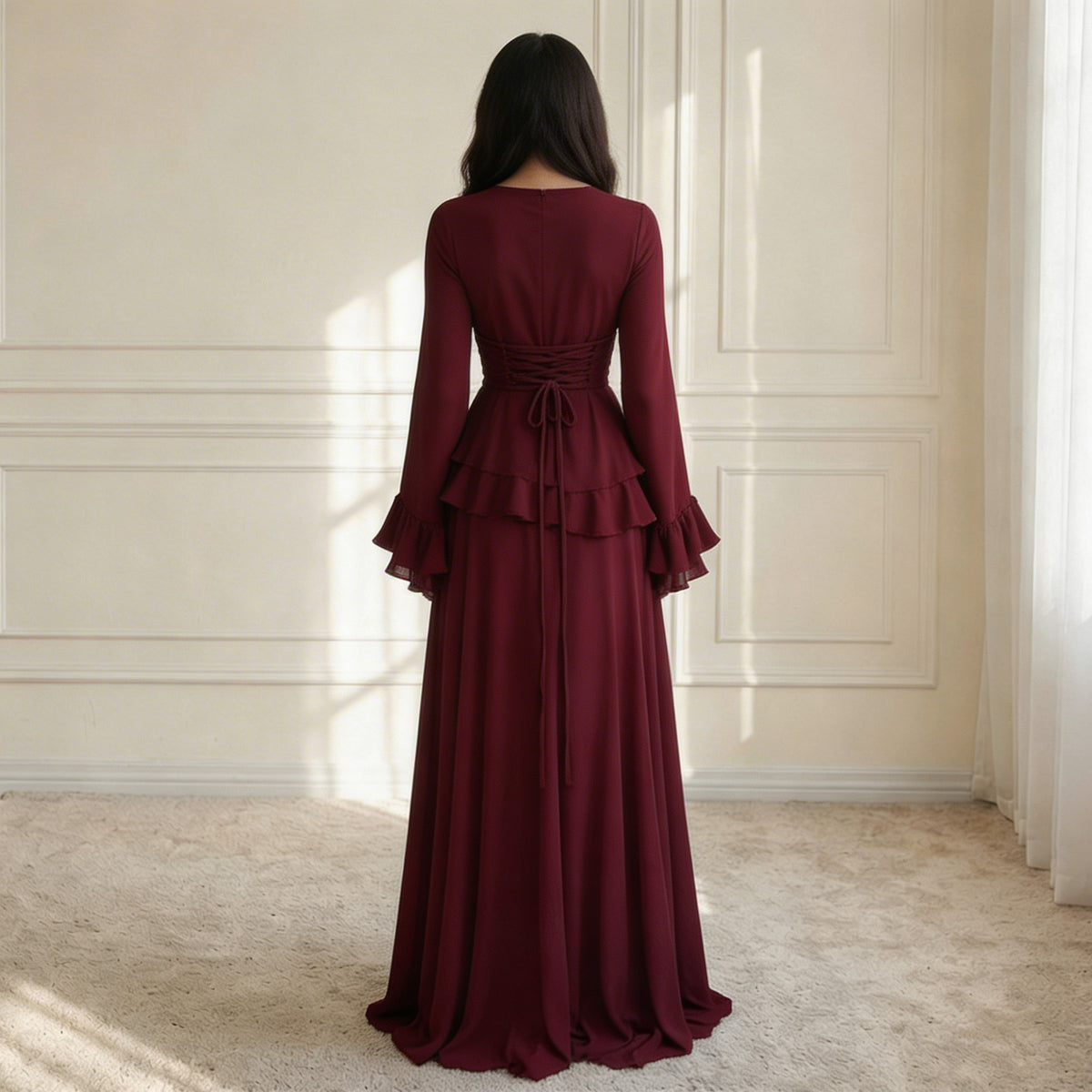 Crepe Long Sleeve Flounce Maxi Dress